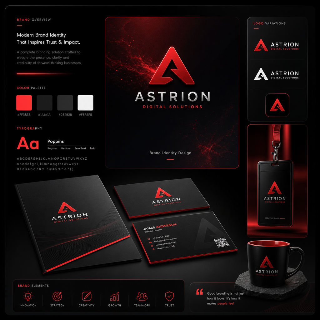Brand identity presentation board with logo marks, color swatches, and mock stationery