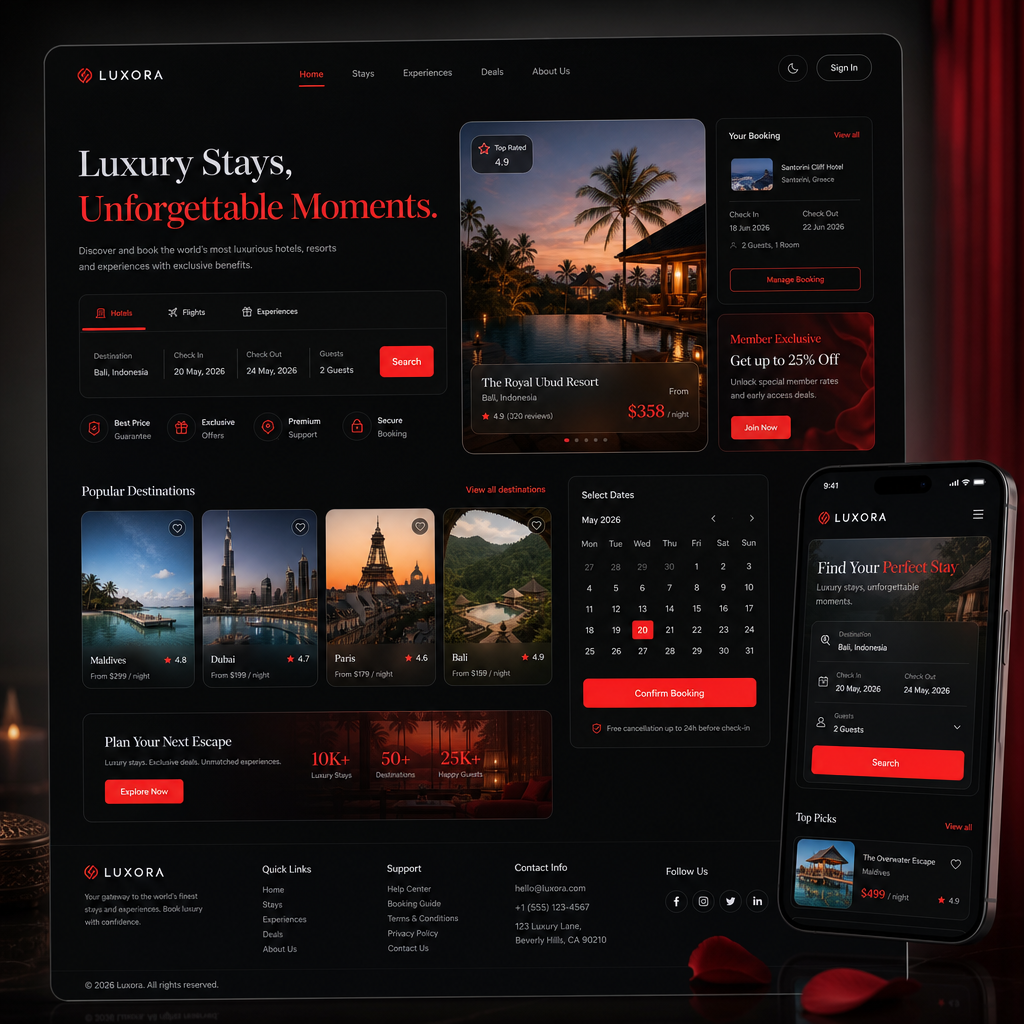 Booking platform interface with calendar view, room cards, and vibrant gradient header