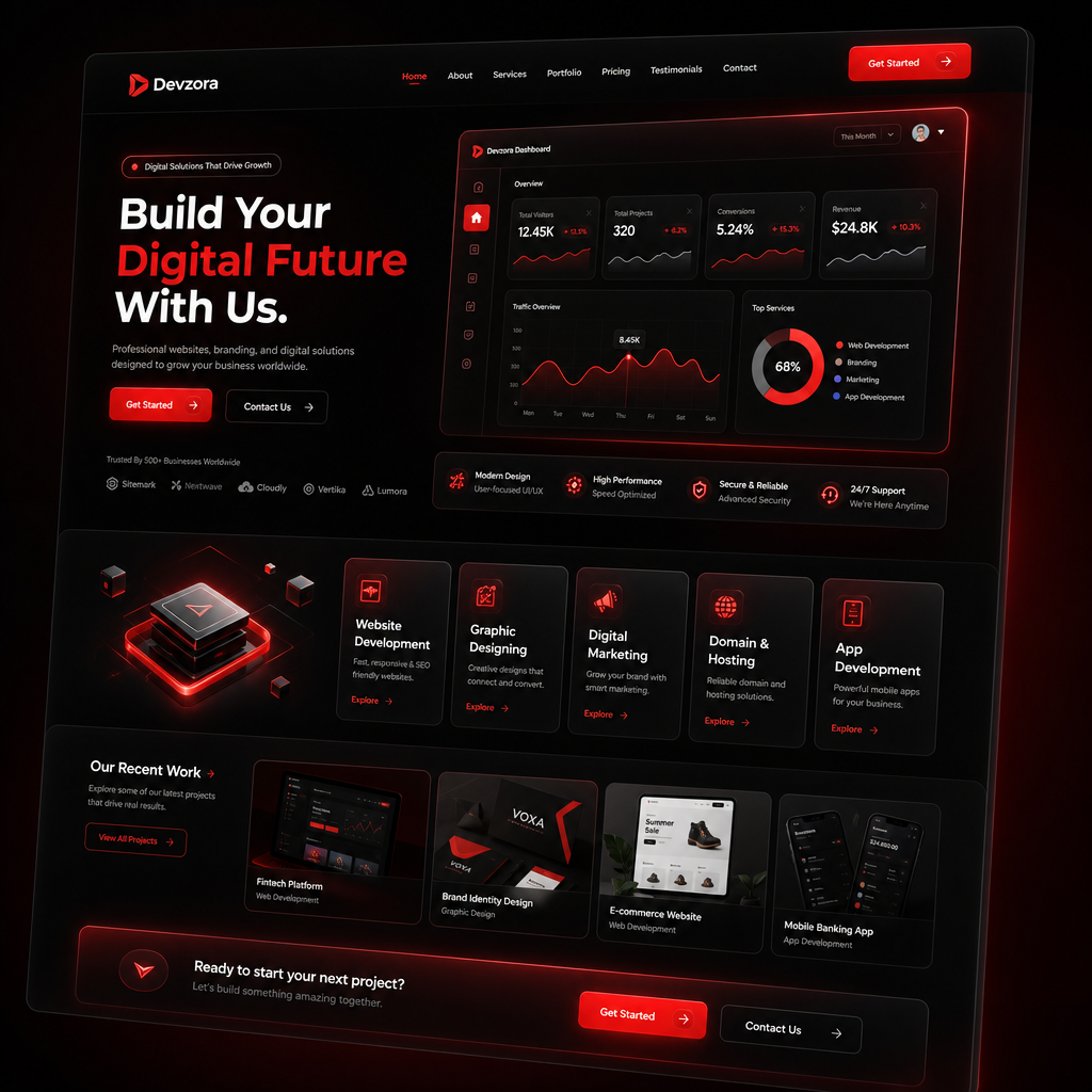 Sleek corporate website dashboard with a purple-blue gradient hero and clean analytics cards