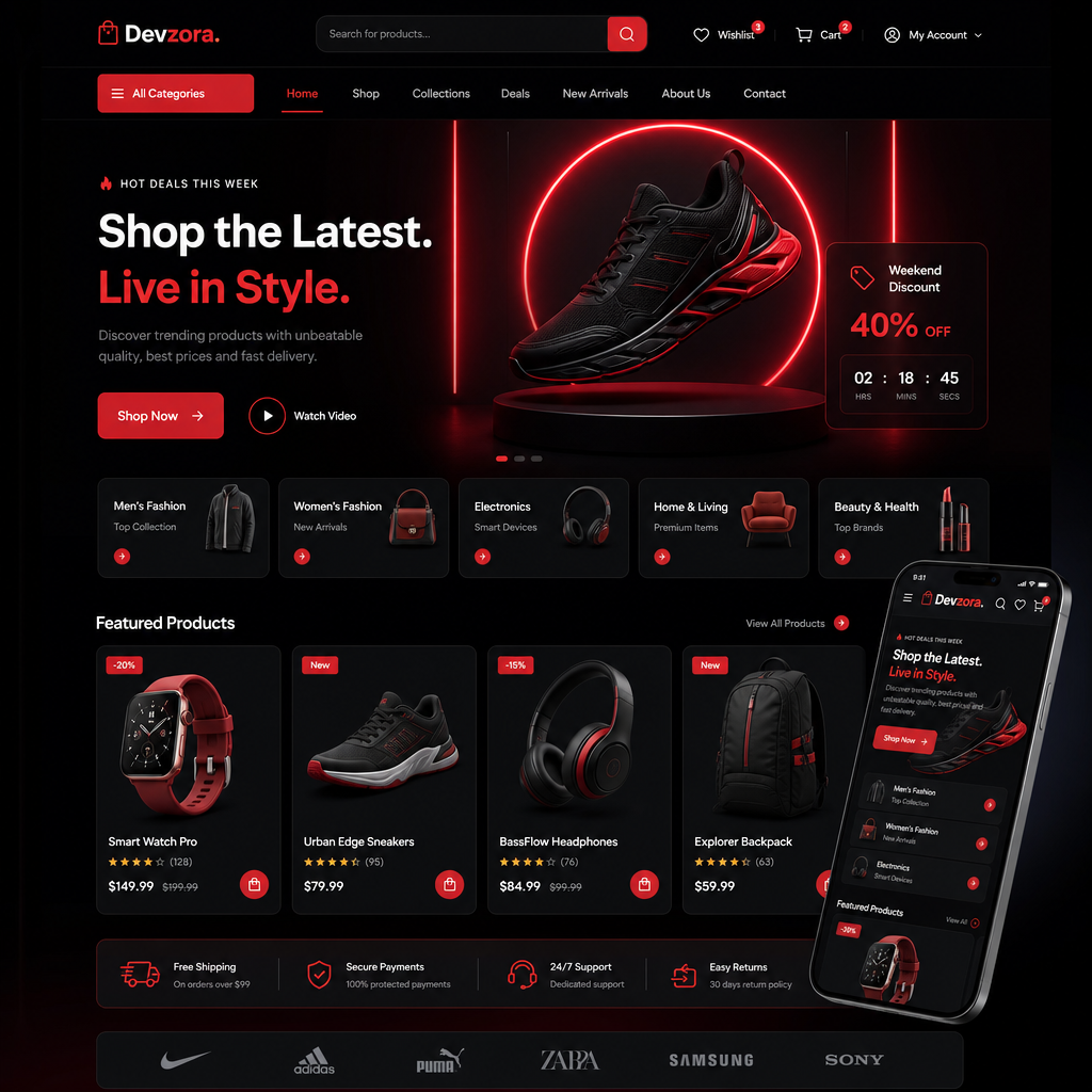 Modern e-commerce storefront mockup with product tiles, neon highlights, and dark interface