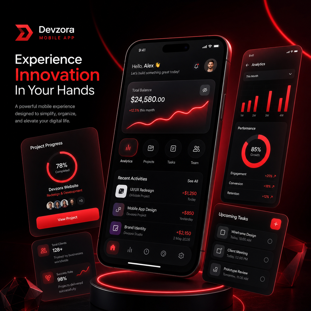 Futuristic mobile app concept screens with dark mode cards and neon accents