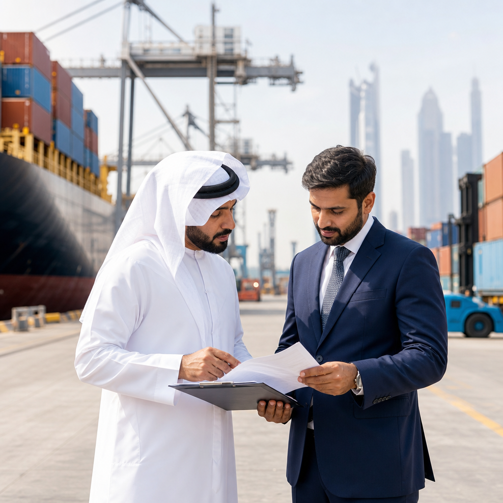 UAE trade specialists reviewing shipping documents with a cargo vessel and port cranes visible in the background
