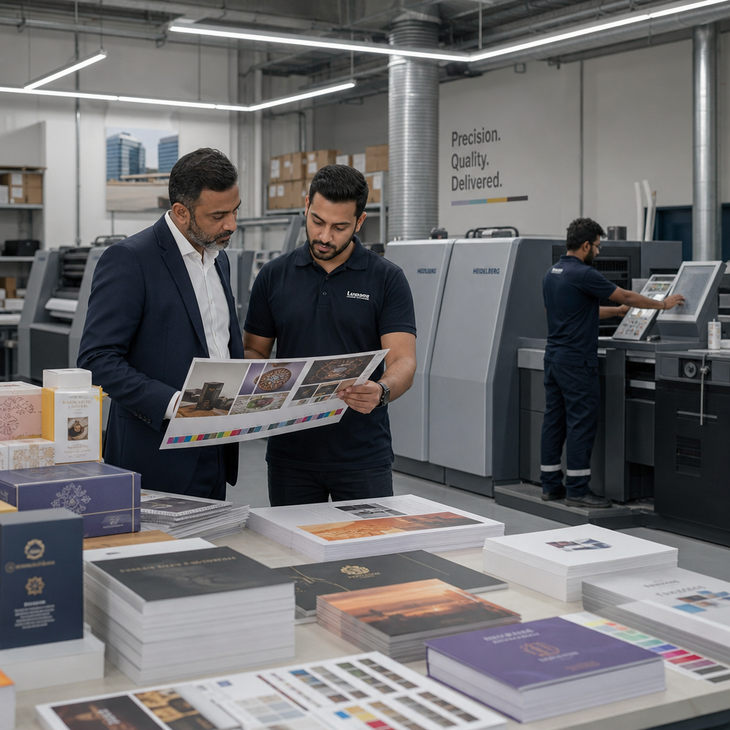 UAE print production team reviewing color proofs beside modern commercial printers in a clean studio