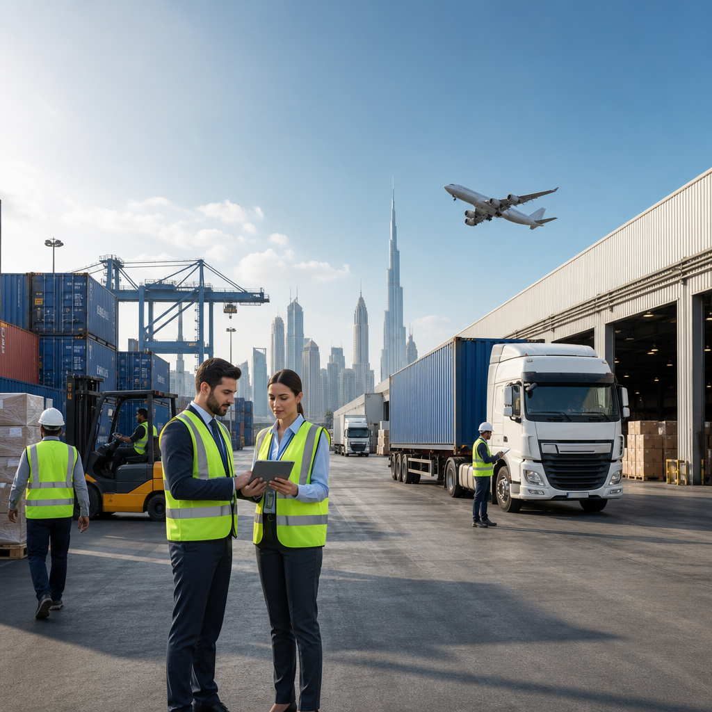 Modern logistics hub in the UAE with shipping containers, freight trucks, and a coordinated warehouse team