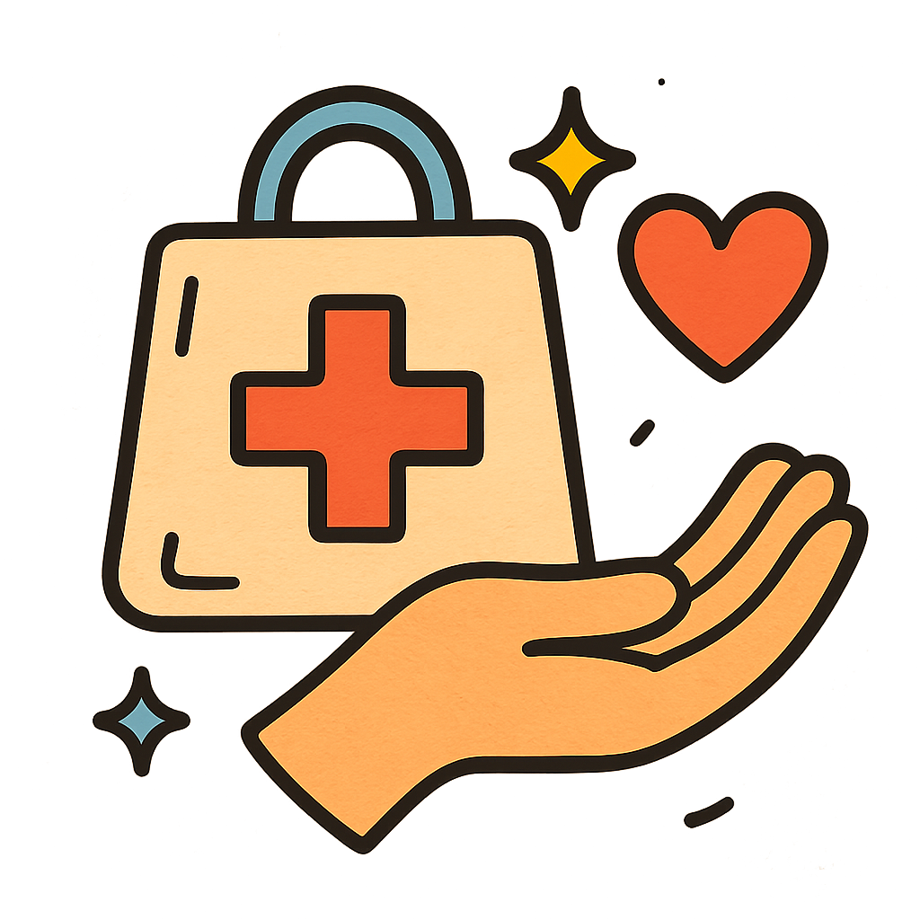 Afet simgesi, yardım çantası ve el simgesi