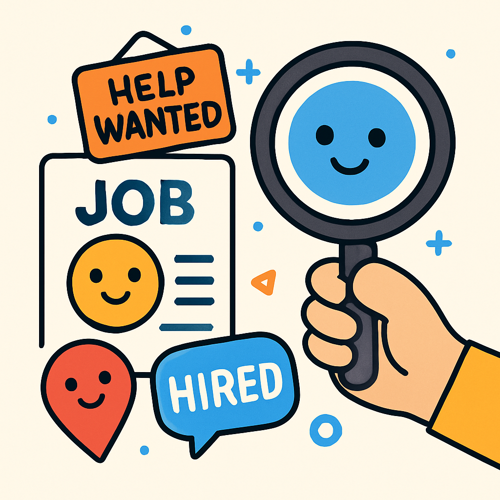 İş bulma desteği, büyüteç ve iş simgesi