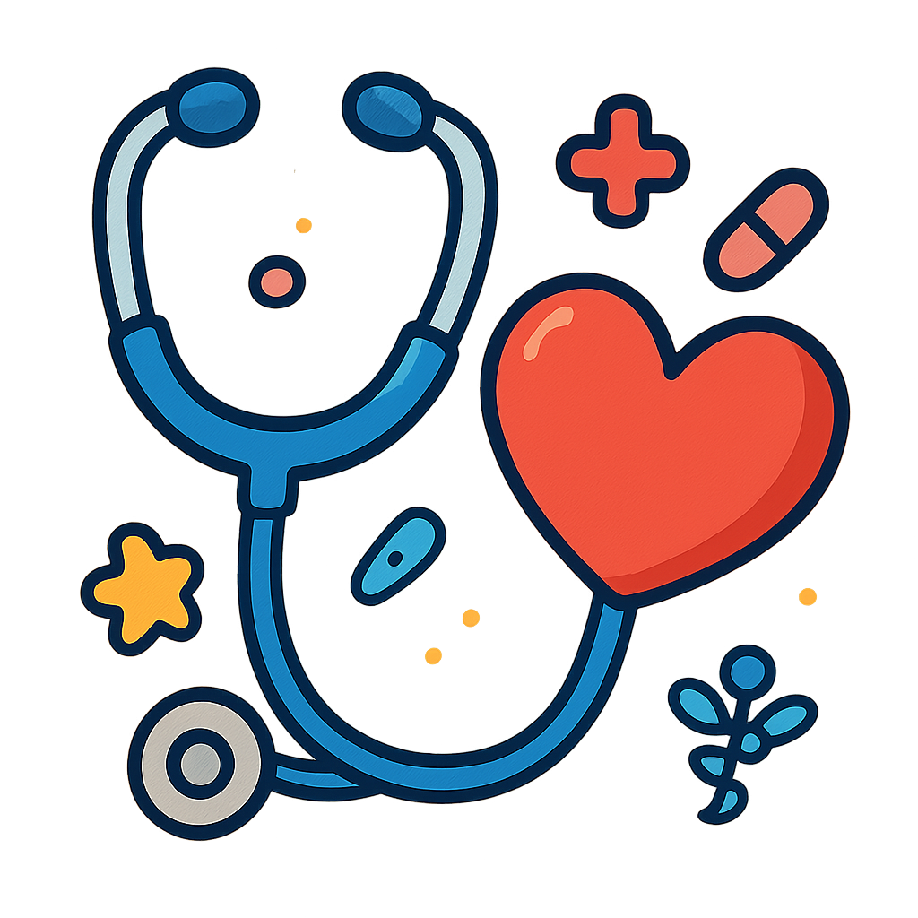 Çocuklara yönelik stetoskop ve kalp simgesi, sağlık odaklı
