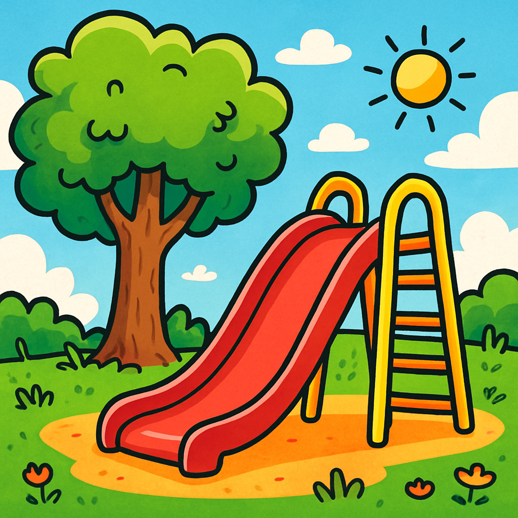 Parkta kaydırak ve ağaç simgesi, çocuk dostu