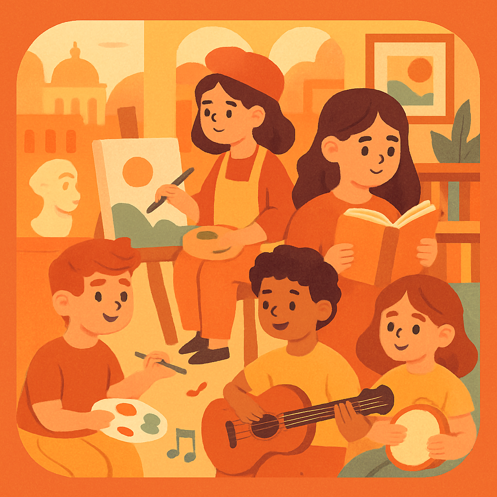 Çocuklar, resim yapan sanatçılar, kitap okuyan gençler ve müzik aletleriyle oynayan bir grup, renkli sanat stüdyosu ortamında, arka planda kültür merkezleri ve sanat eserleri.