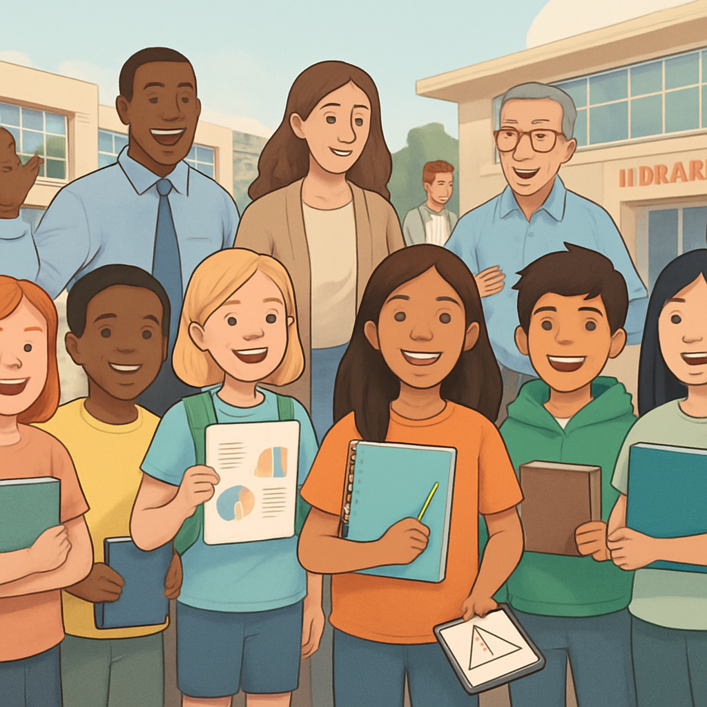 Çocuklar ve gençler, modern bir okul, kütüphane ve spor tesisleri önünde, kitaplar ve eğitim materyalleriyle birlikte neşeyle poz veriyor; arka planda eğitmen ve danışmanlar rehberlik ediyor.