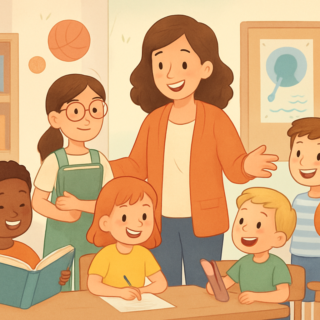 Farklı yaşlardan çocuklar ve gençler, bir eğitimciyle birlikte, kitaplar, deney tüpleri ve spor ekipmanlarıyla dolu bir sınıfta; arka planda eğitimci ve terapist gelişimi vurgulanıyor.