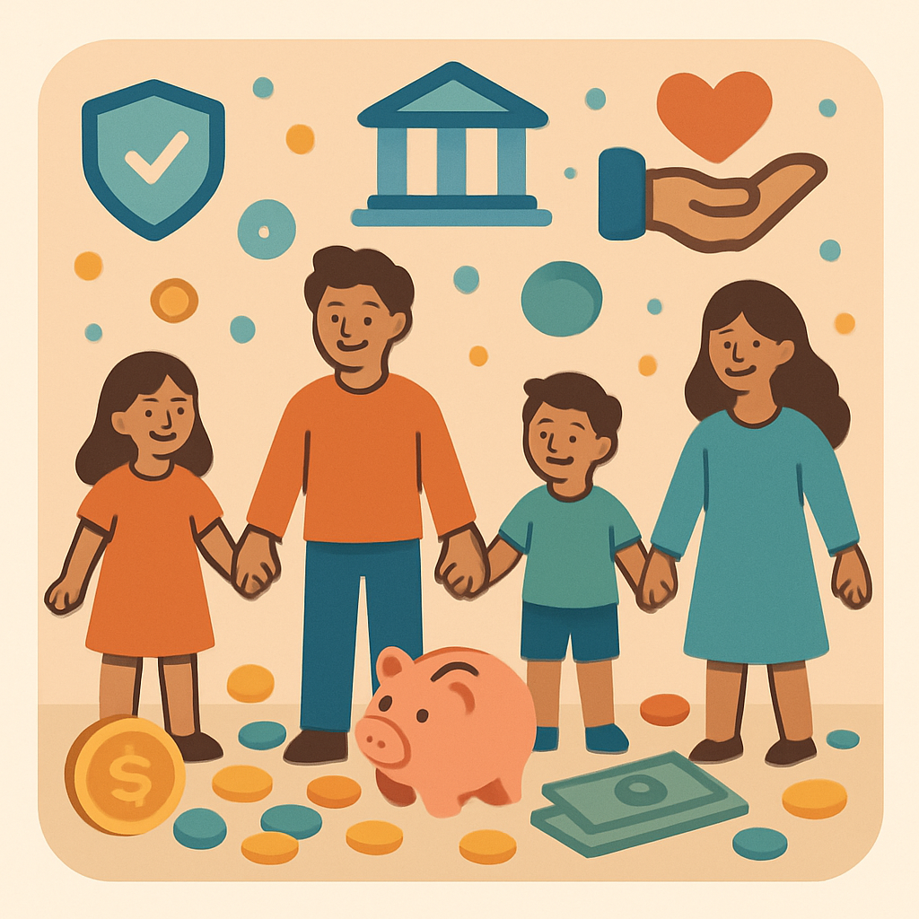 Çocuklar ve aileler, el ele tutuşmuş, bolca renkli bozuk para, kumbara ve banknotlarla çevrili, güvenli ve umutlu bir ortamda; arka planda modern finansal hizmet ikonları ve destek simgeleri.