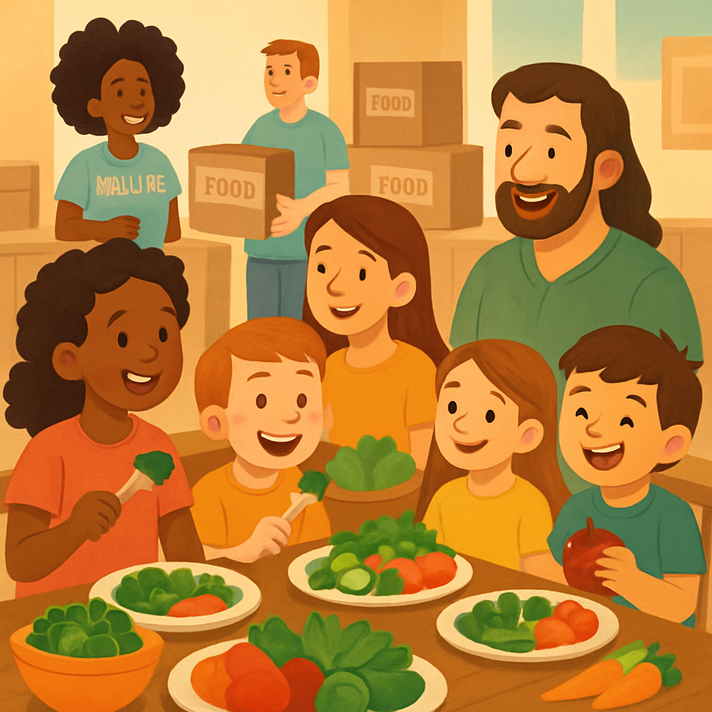 Bir grup çocuk ve yetişkin, taze sebze ve meyvelerle dolu uzun bir masa etrafında sağlıklı ve neşeli bir şekilde yemek yiyor; arka planda gönüllüler ve gıda kolileri görünür.