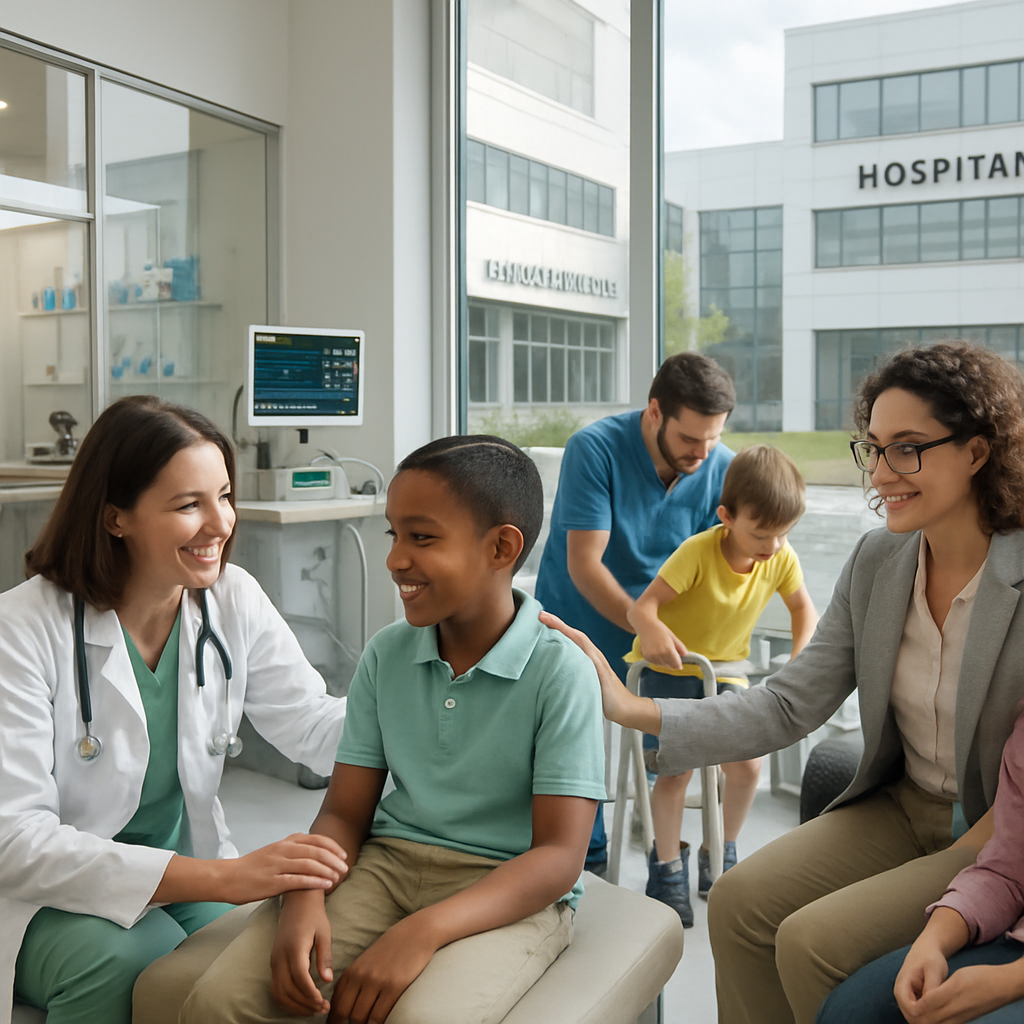 Çocuklar bir sağlık kabininde, laboratuvar ve rehabilitasyon merkezi önünde; sağlık çalışanları ve psikiyatristler çocuklara şefkatle yaklaşırken, arka planda modern bir hastane ve sağlık merkezi görünür.