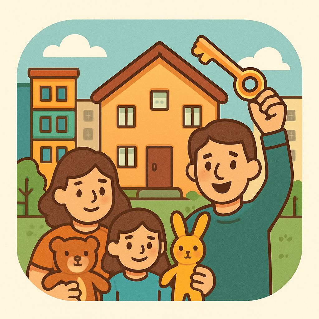 Çocuklar ve yetişkinler, sıcak ve güvenli bir konutun önünde, ellerinde anahtar ve oyuncaklarla umutla poz veriyor; arka planda modern, renkli apartmanlar ve konut tesisleri.