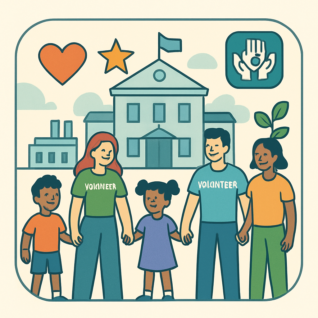 Çocuklar ve gönüllüler, el ele tutuşmuş, çevrelerinde kalp, yıldız ve kamu hizmeti simgeleriyle; arka planda belediye, kamu binası ve toplumsal hizmet ikonları.