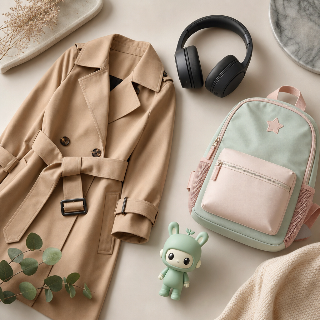 Stylish flat-lay assortment featuring a camel trench coat, sleek black wireless headphones, a pastel kids backpack, and a mint collectible figurine on a neutral boutique surface
