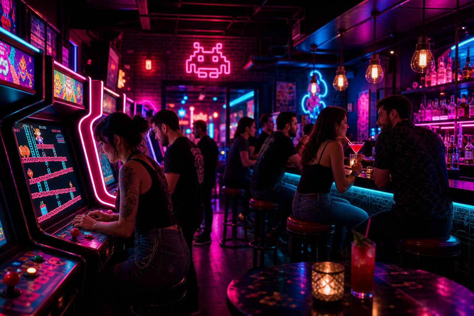 Moody neon-lit arcade bar with glowing cabinets, cocktail bar, and people playing retro games