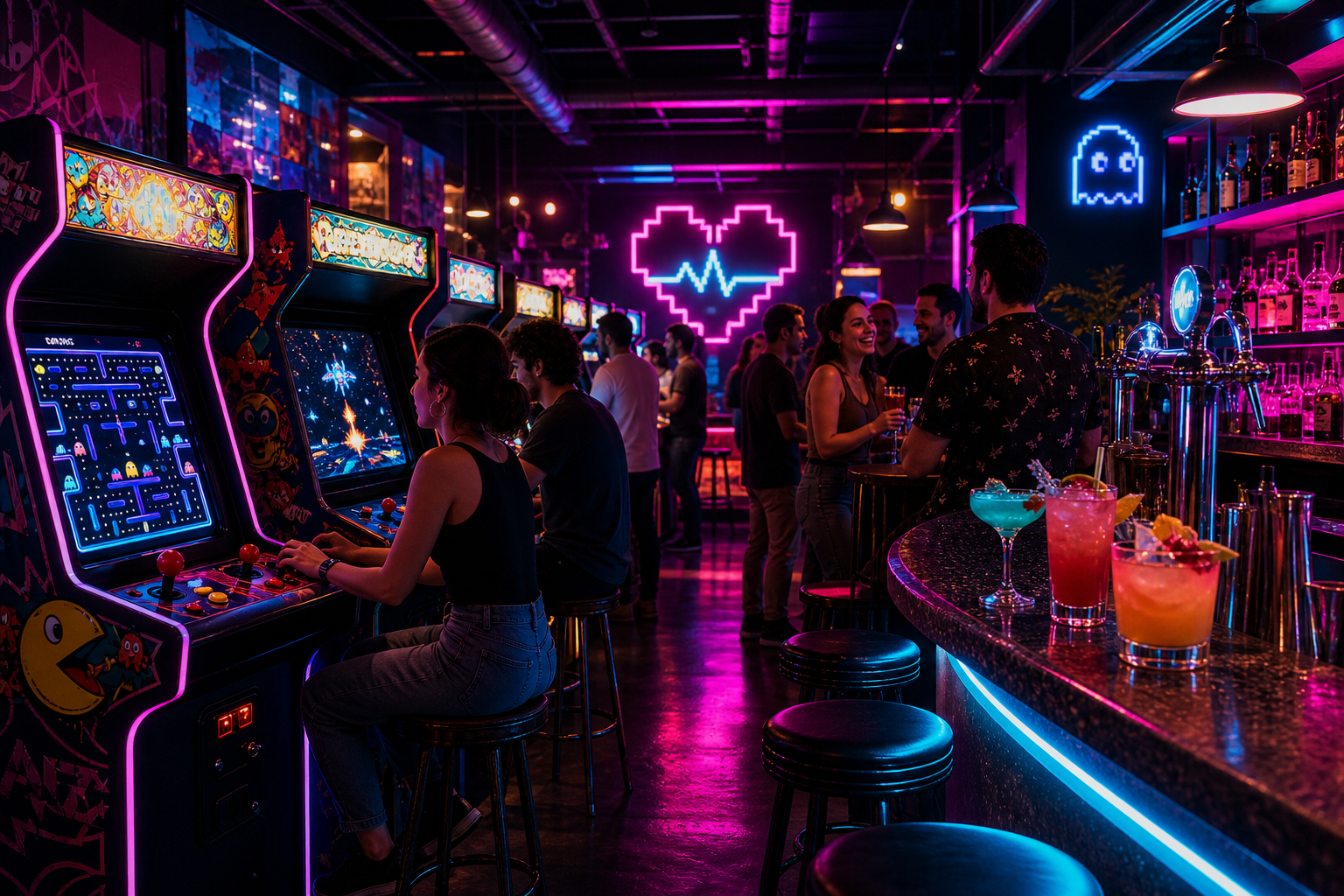 Neon-lit arcade bar interior with classic cabinets, glowing cocktail bar, and groups of adults playing games