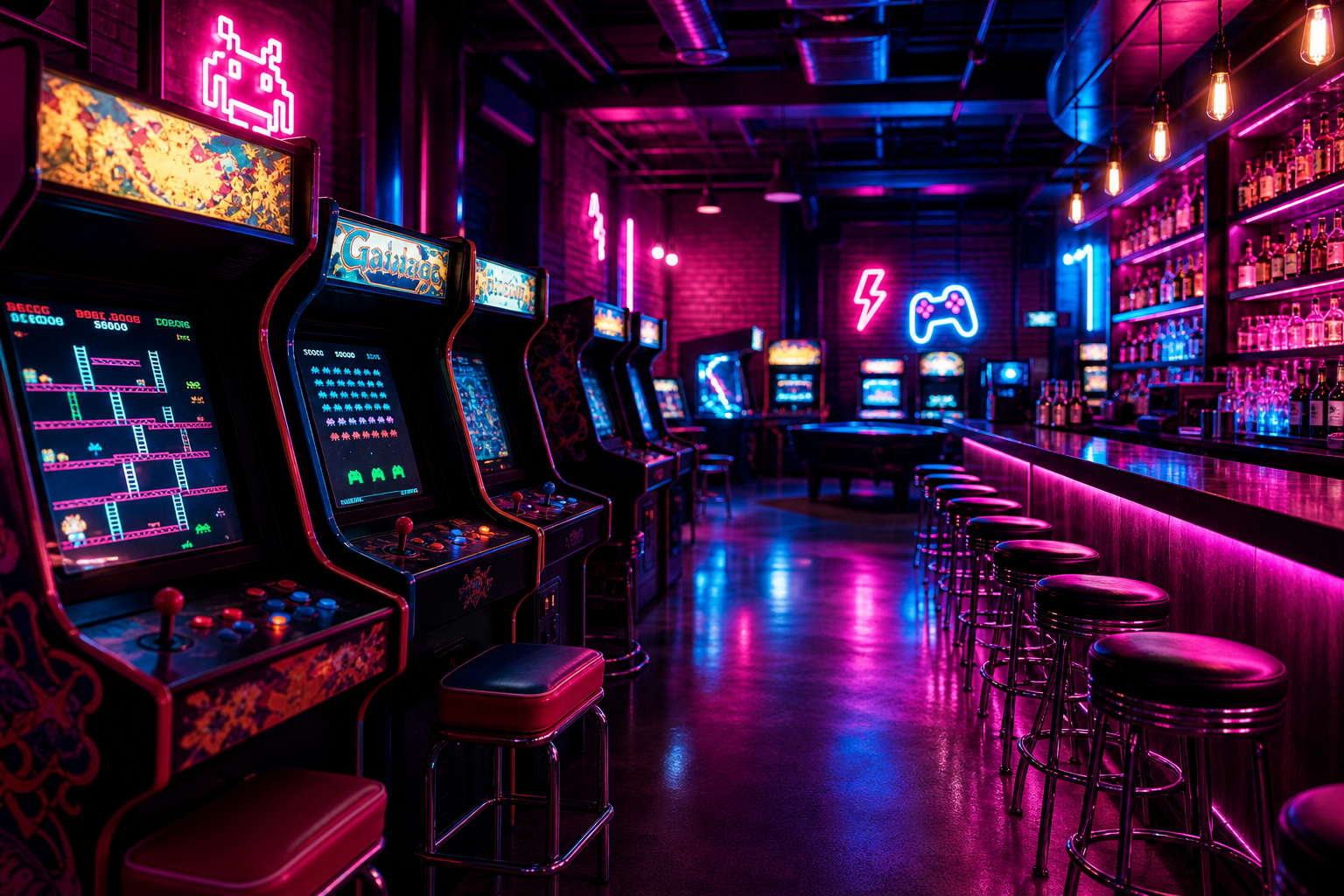 Neon-lit arcade bar interior with glowing cabinets, magenta and cyan lights, and a lively late-night atmosphere