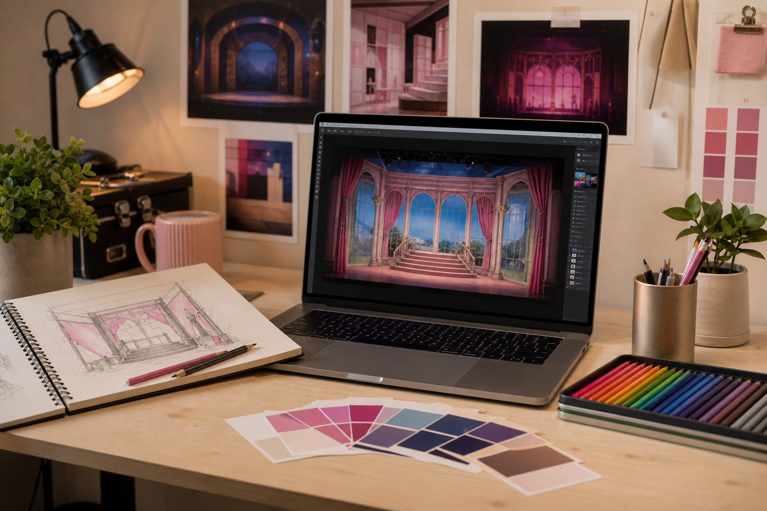 student designer at a desk refining a theatrical backdrop on a laptop with sketches and color swatches