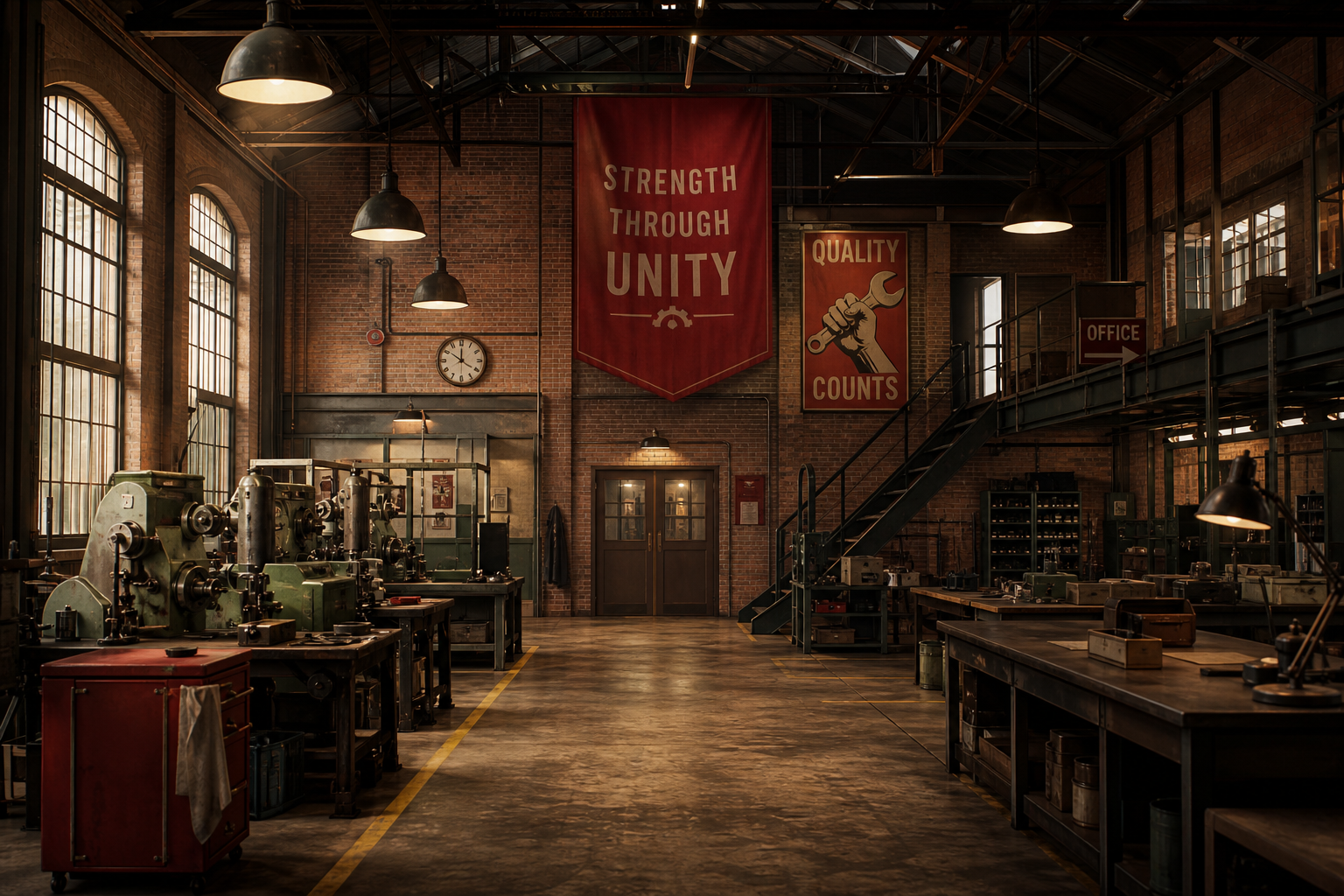 Industrial factory interior with red banners, warm brick textures, and stage-ready lighting.