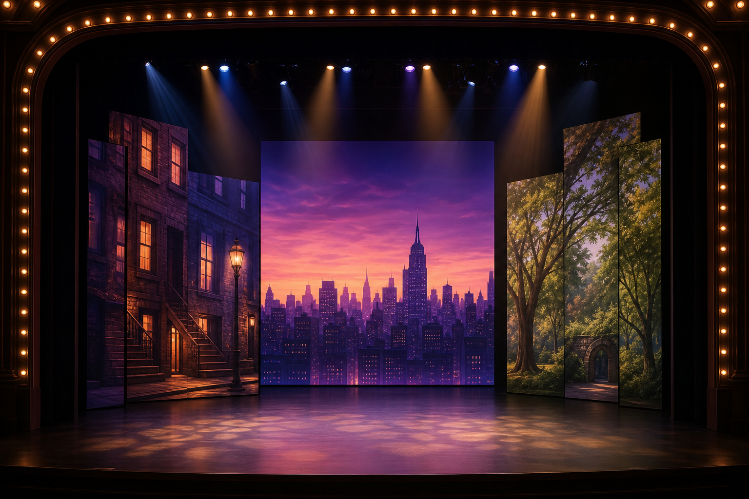 Warmly lit stage with layered digital projection backdrops and soft theatrical lighting