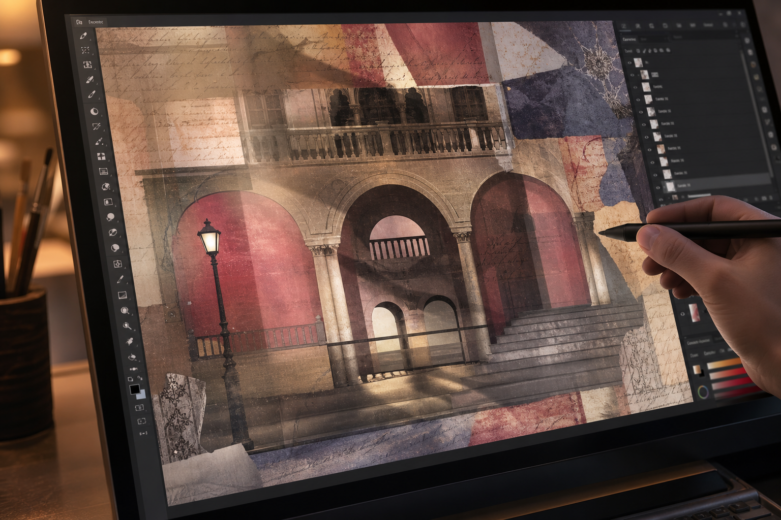 close-up of layered digital scenery with hand-drawn elements, lighting overlays, and textured details