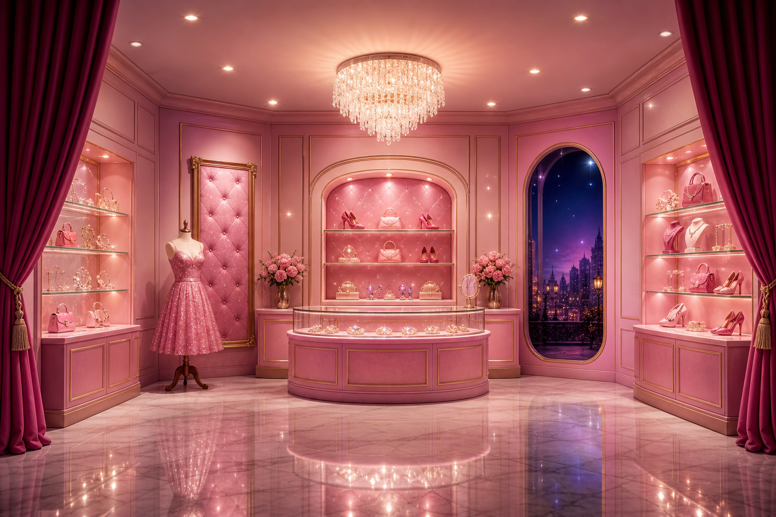 Sparkling boutique interior with pink lighting, polished marble floors, and chandelier highlights