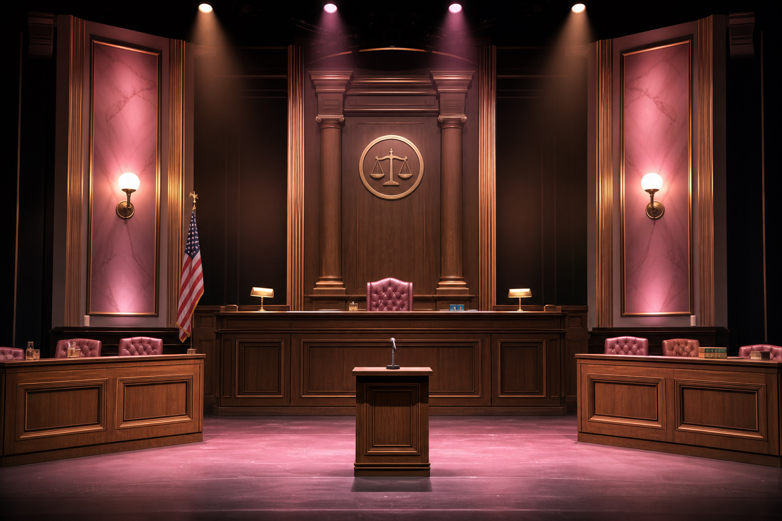Modern courtroom stage backdrop with warm pink accents, brass details, and soft theatrical spotlights