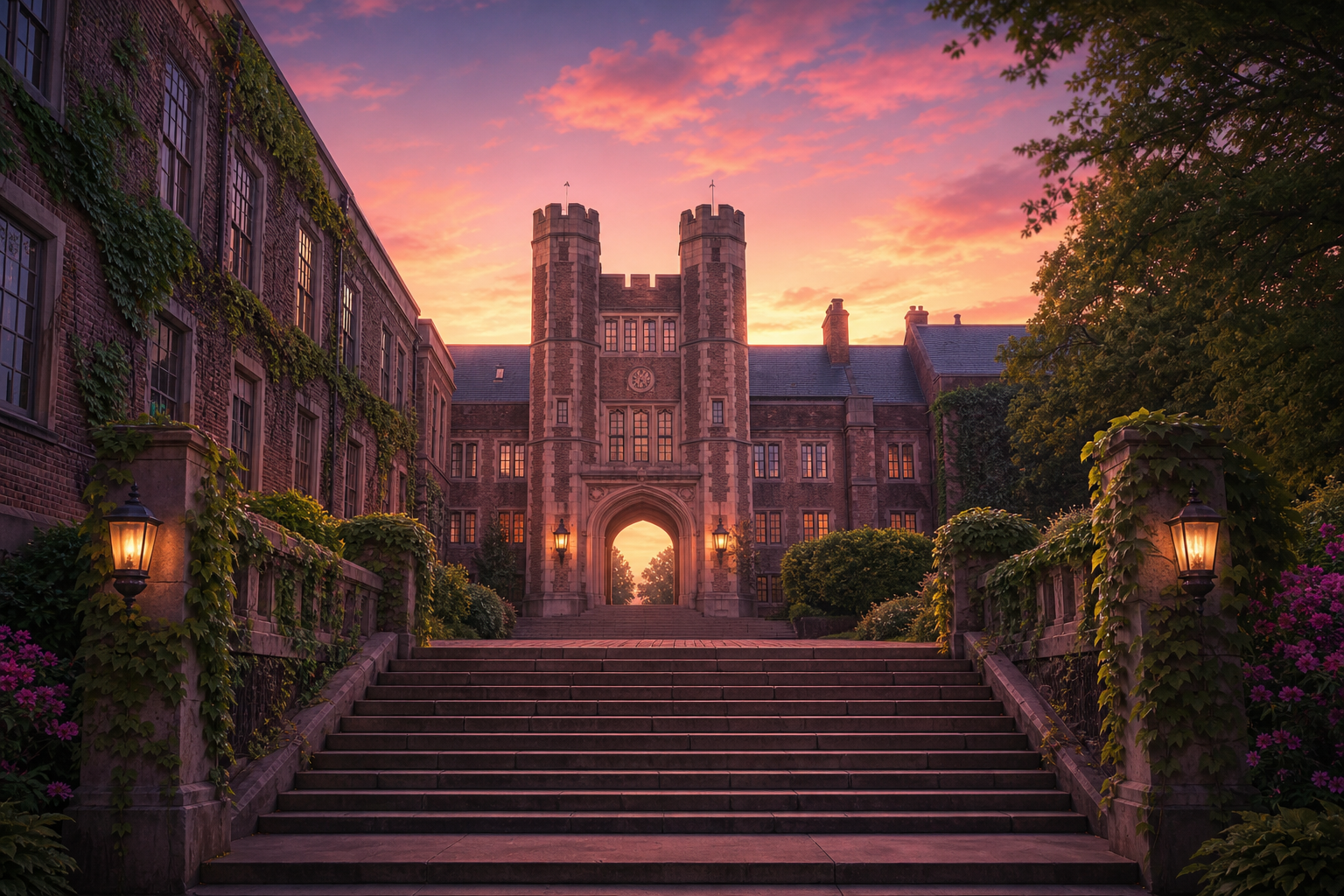 Campus-inspired exterior with ivy, stone steps, and a rosy sunset glow
