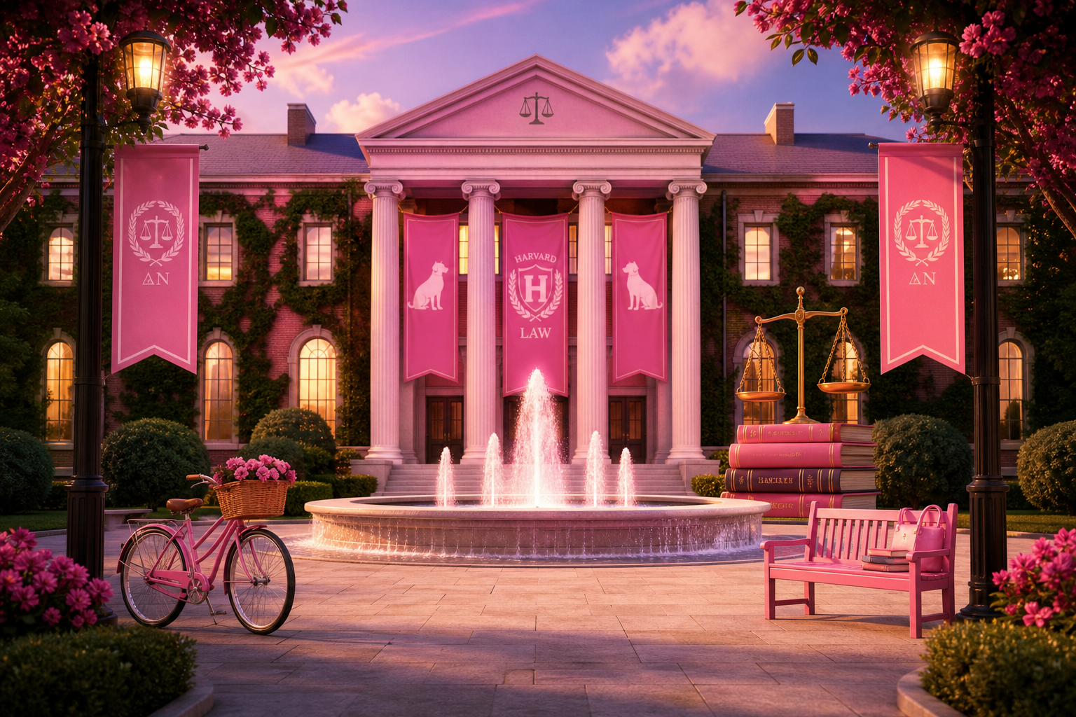 Bright pink collegiate courtyard with a modern fountain, warm stage lighting, and playful legal motifs.