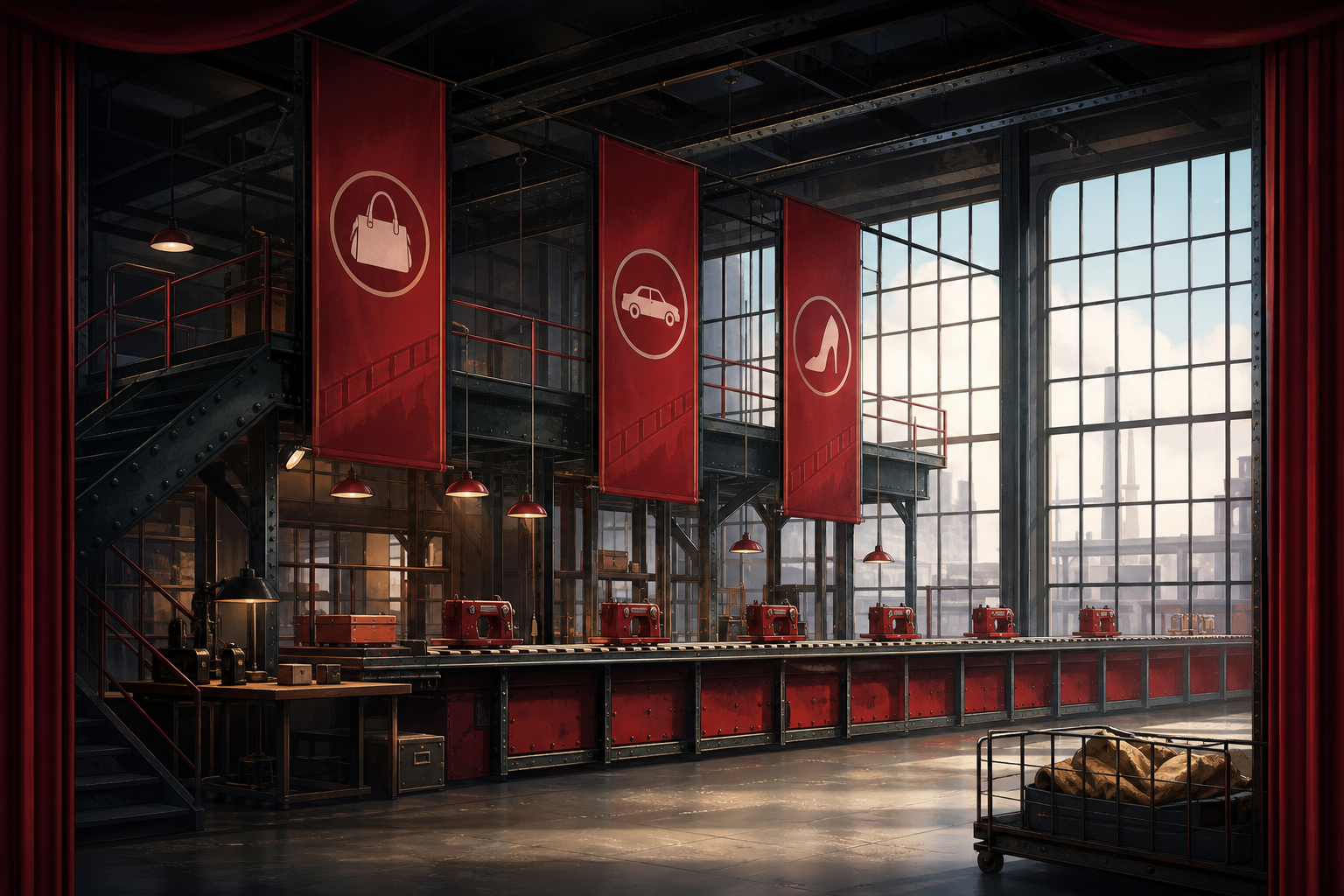 Stylized assembly line with banners, industrial windows, and deep crimson highlights for a dramatic scene