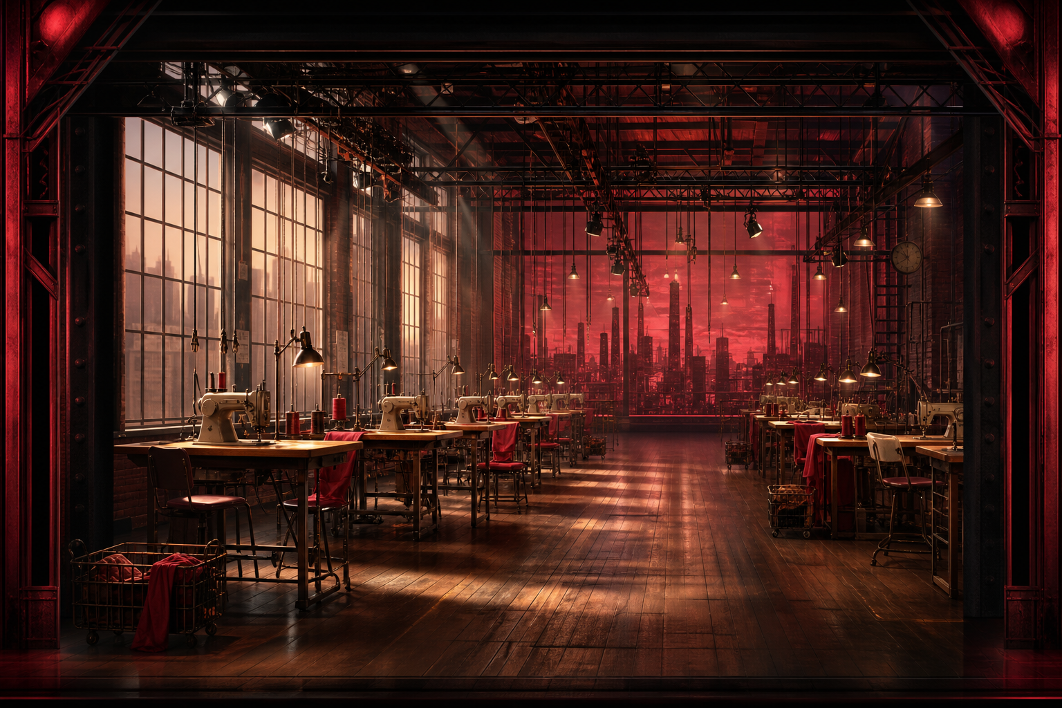 Industrial factory floor with sewing machines, warm red lighting accents, and a bold theatrical backdrop style