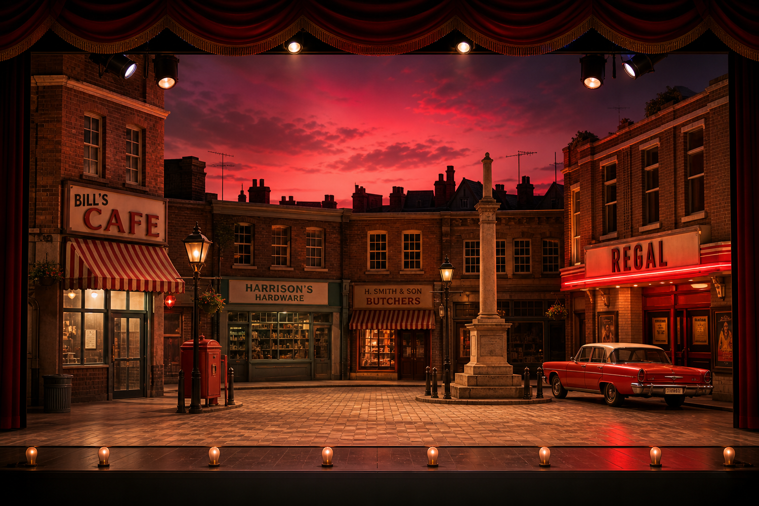 1960s town square with brick textures, signage, and subtle red glow for a warm theatrical mood
