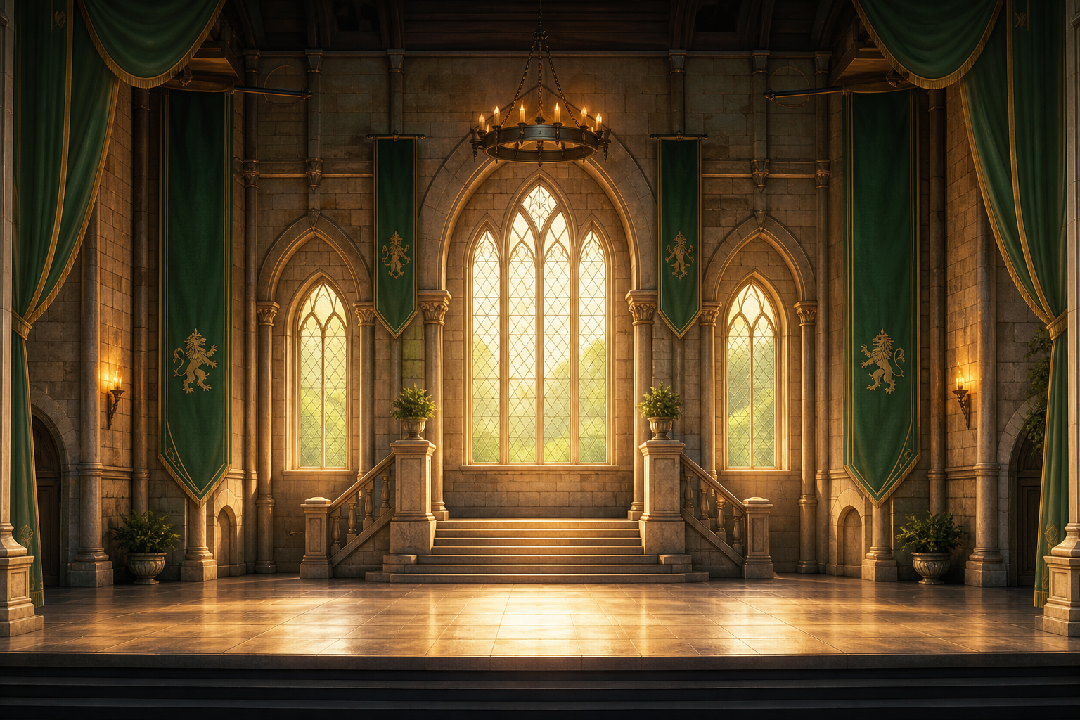 Majestic fairytale castle interior with arched windows, rich green banners, and golden stage lighting