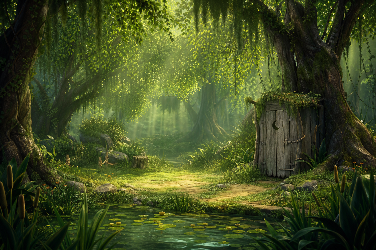 Lush green swamp clearing with layered trees, misty light rays, and a friendly fairy-tale mood.