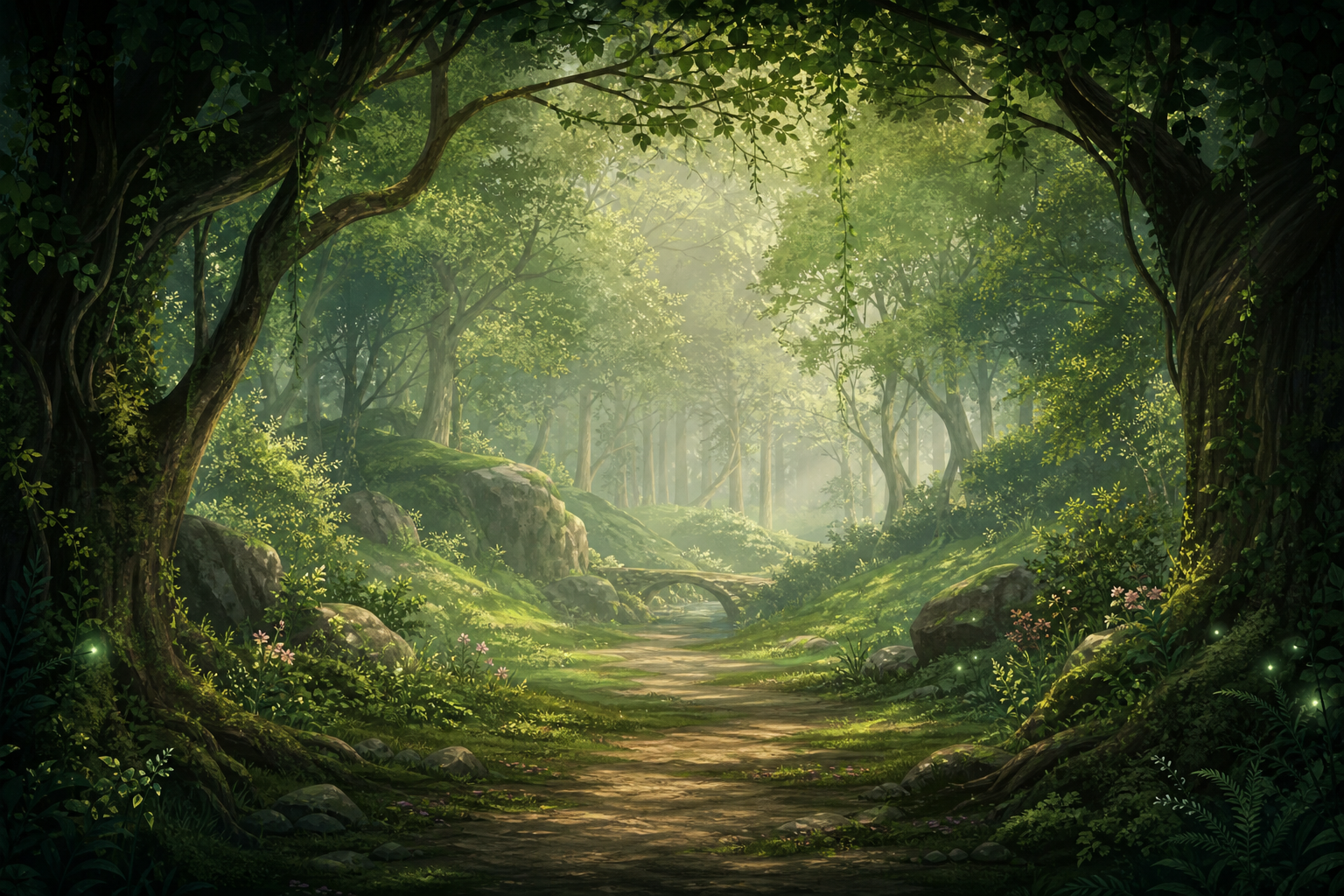 Enchanted forest path with layered trees, soft mist, and playful green accents suitable for musical transitions