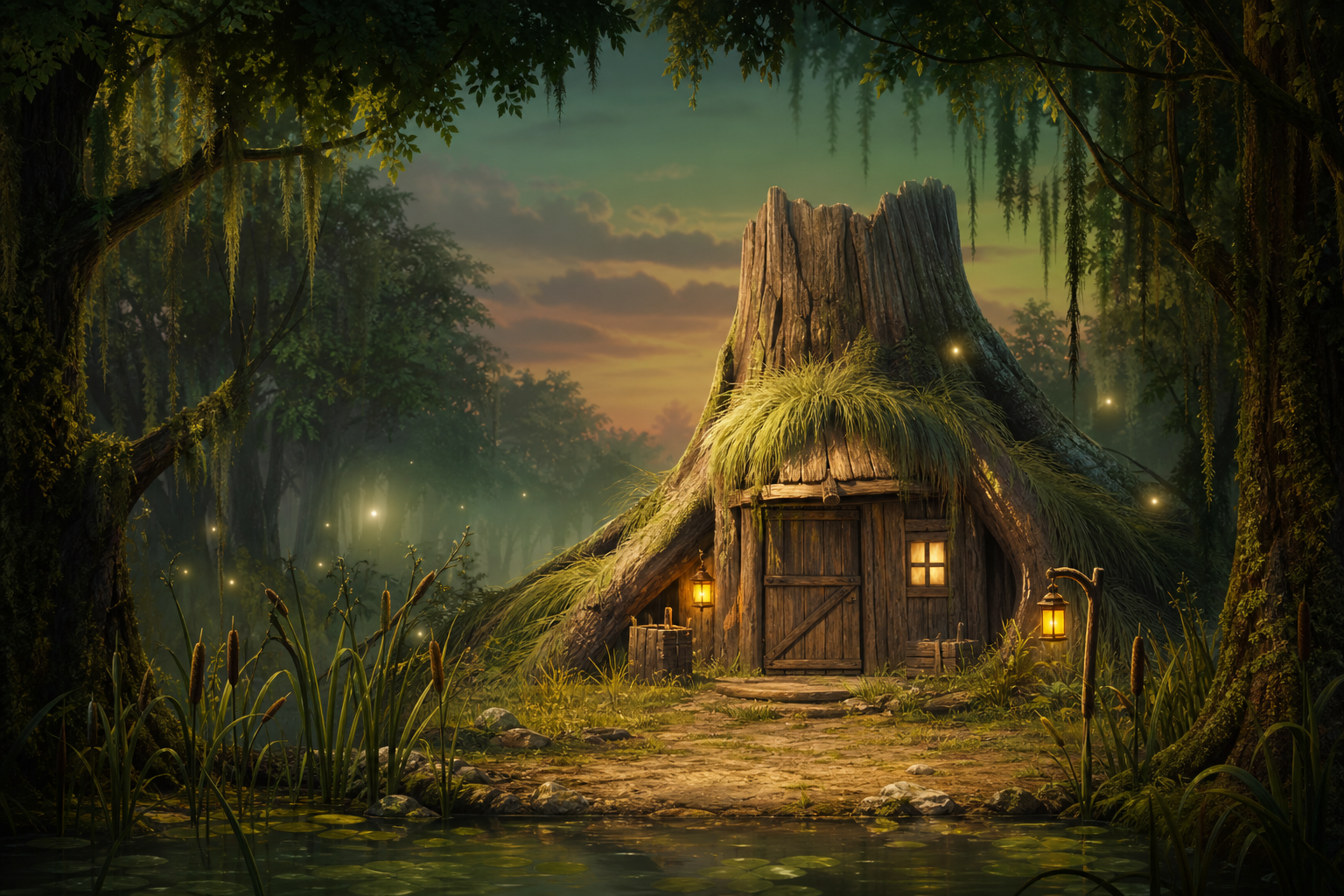 Twilight swamp clearing with a warm green glow, wooden hut, and soft lantern light for a Shrek-style opening scene