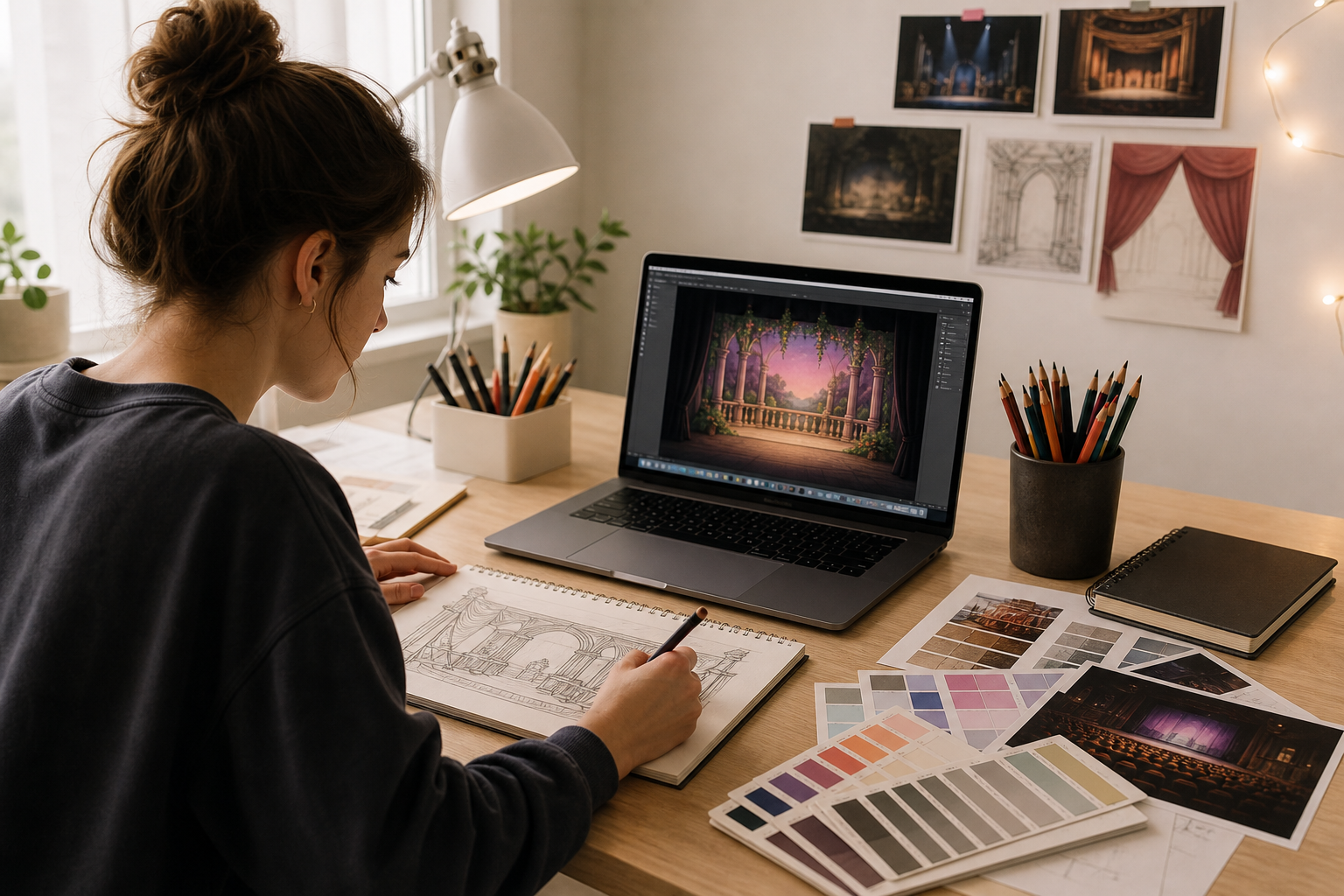 Young theatre designer working at a desk with a laptop, sketchbook, and color swatches in a softly lit home studio