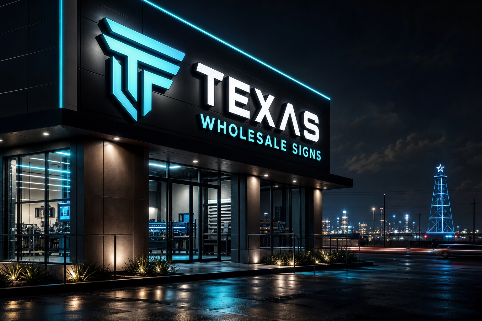 Nighttime illuminated custom business signage scene with modern fabricated lettering and a Houston-area urban backdrop