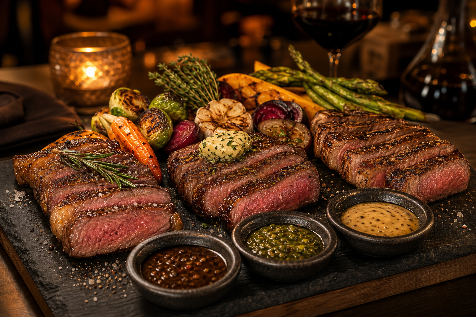 Chef's carving board with sliced steak, seasonal vegetables, and stone-ground sauces