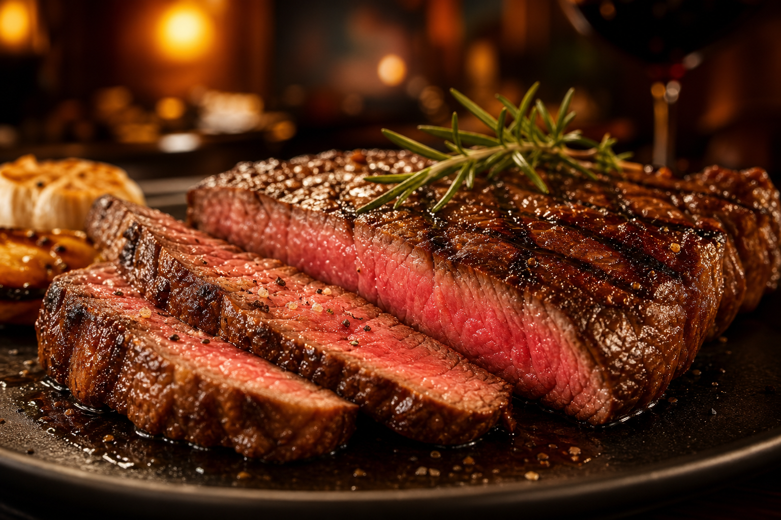 Sliced ribeye steak with a caramelized crust, rosemary garnish, and warm ambient lighting