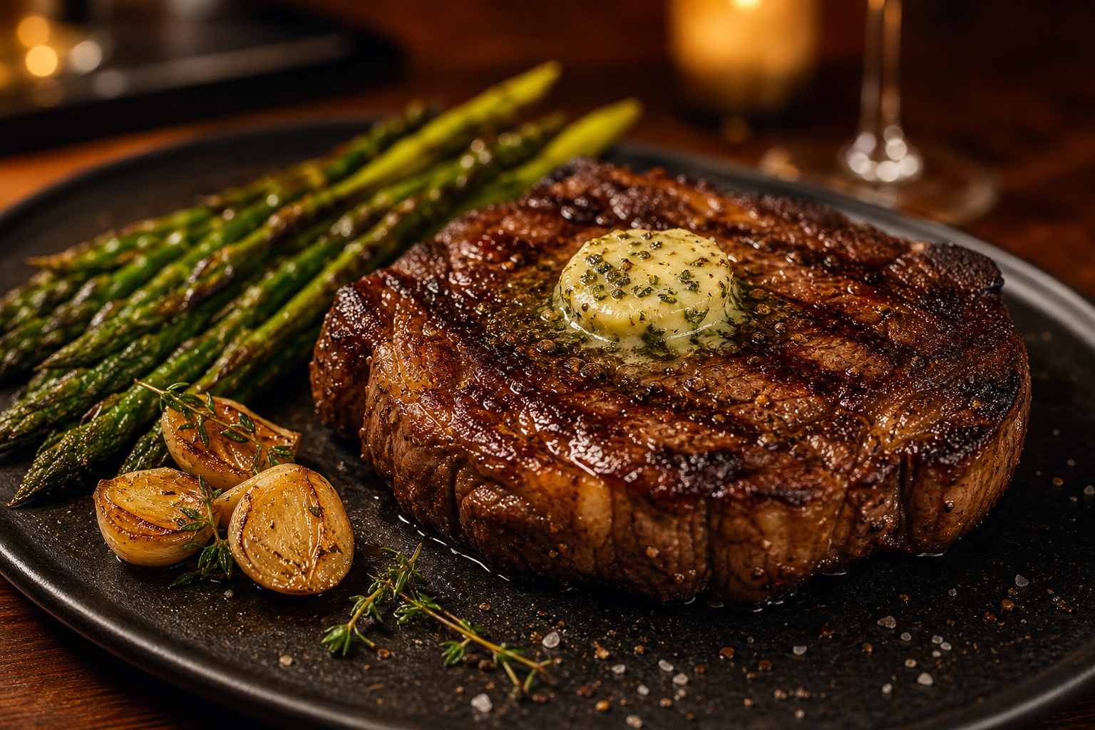 Char-grilled ribeye with herb butter, roasted garlic, and charred asparagus