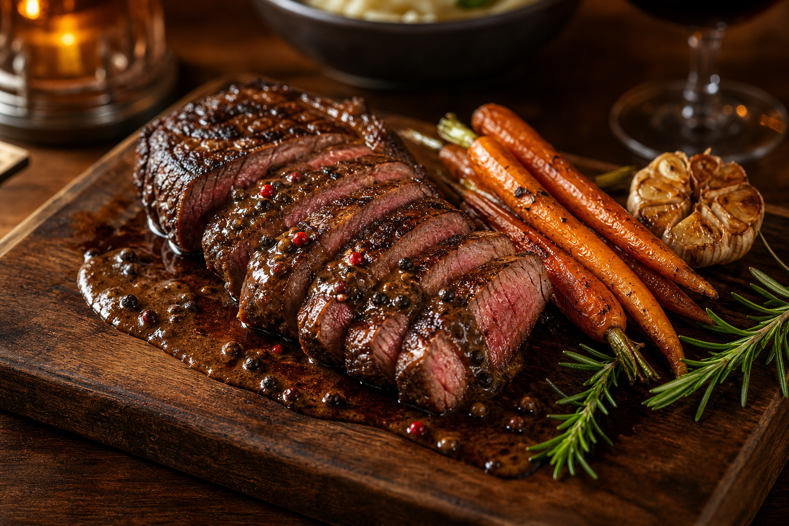 Sliced smoked striploin with peppercorn jus and roasted baby carrots
