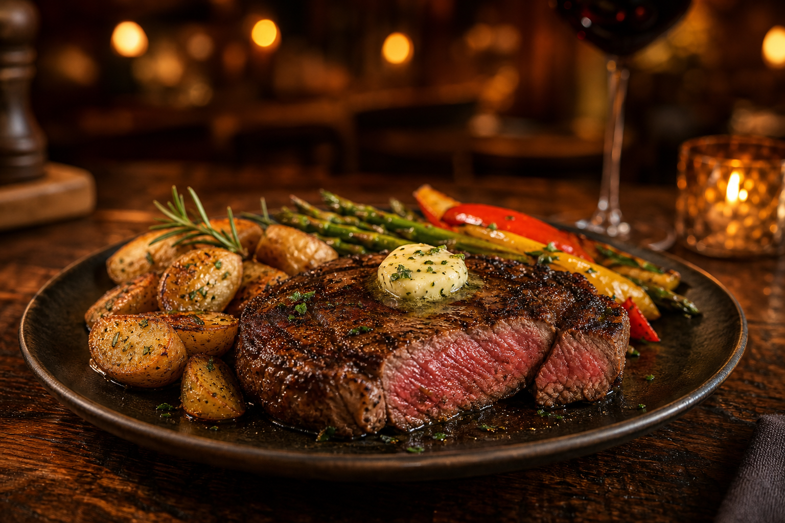 Plated medium-rare ribeye with herb butter, roasted potatoes, and a rustic warm dining ambiance