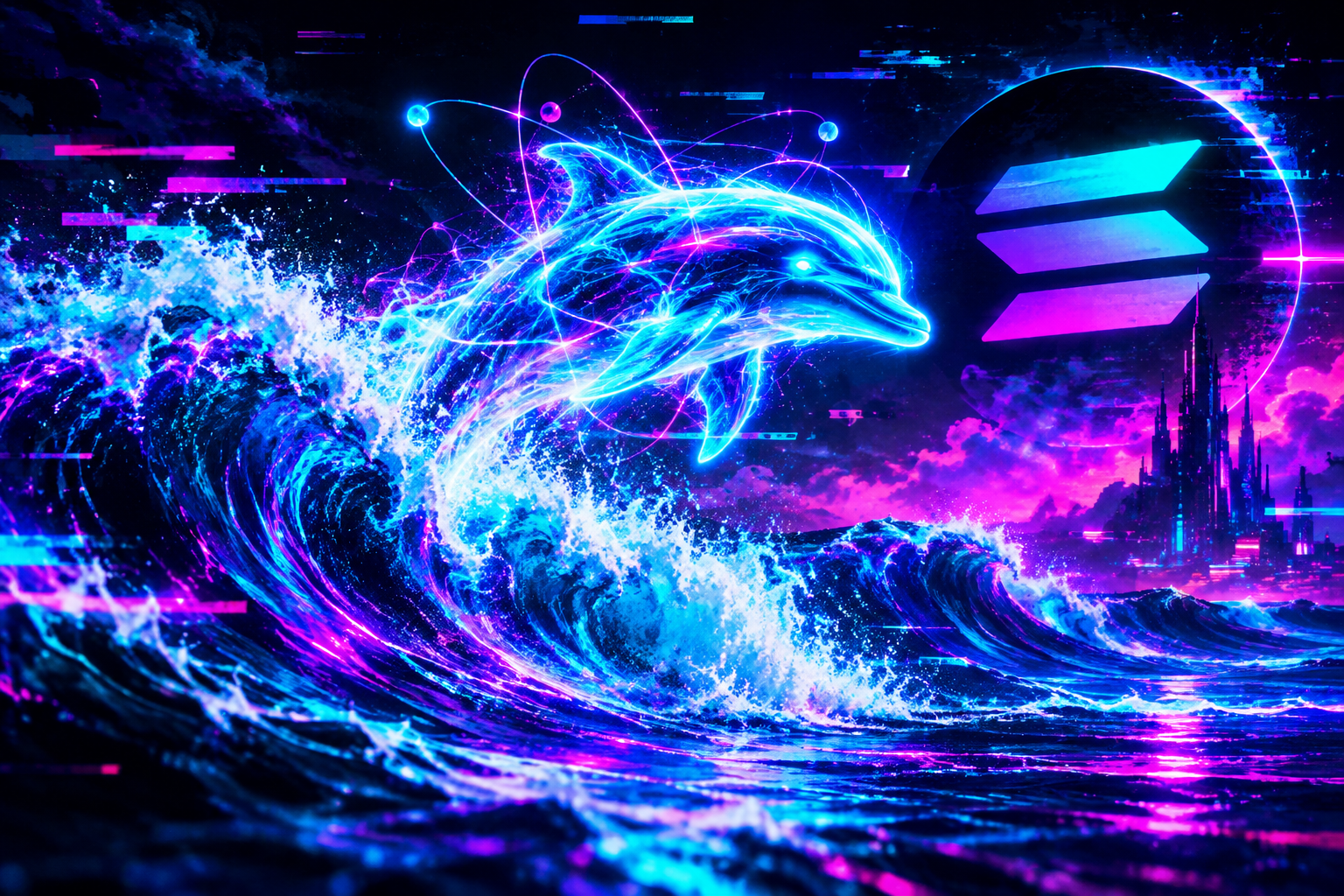 Wide neon banner placeholder with abstract quantum waves and dolphin-inspired glitch energy
