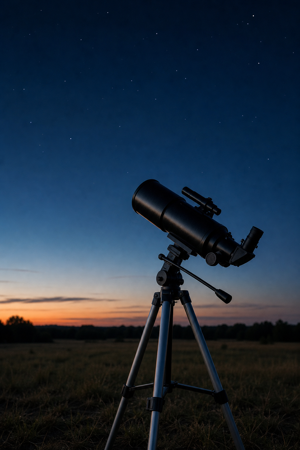 Compact telescope on a tripod in a quiet dusk field with a deep navy sky and faint early stars