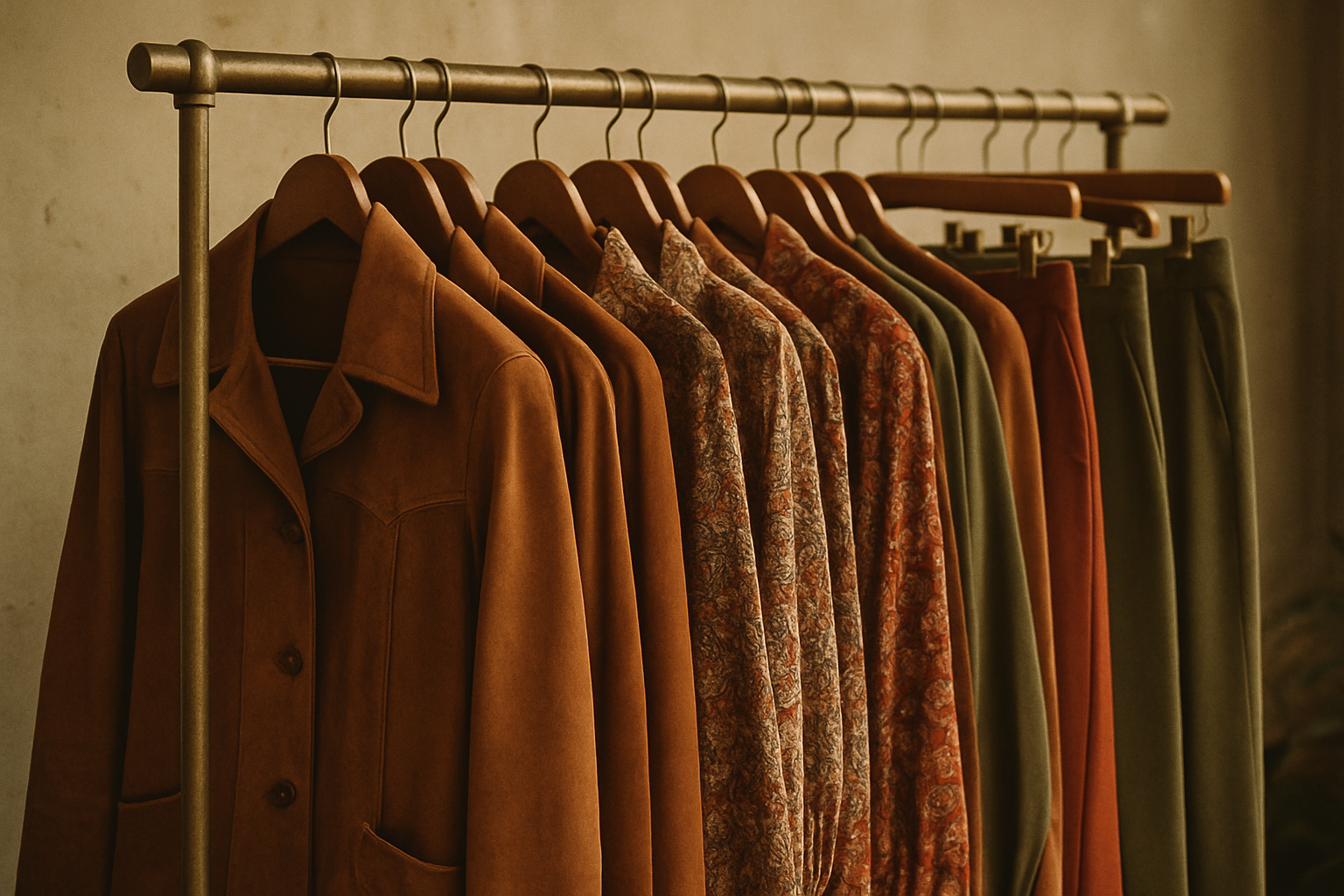 Warm film photo of a boutique vintage clothing rack with suede jackets, patterned blouses, and wide-leg trousers in earthy tones, softly lit like a 1970s fashion editorial