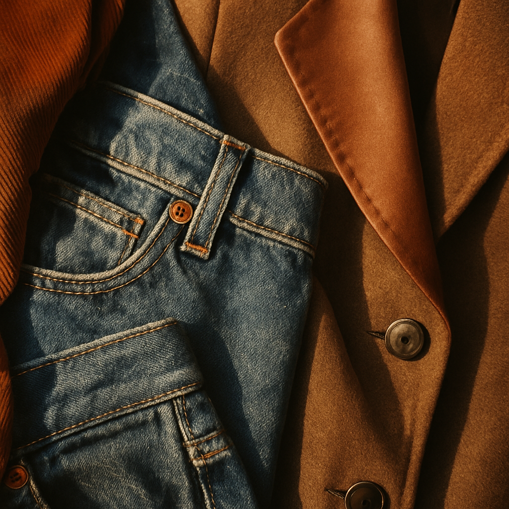 Close-up film photograph of vintage garments showing textured denim, satin lapels, and metal buttons in warm sun-faded light
